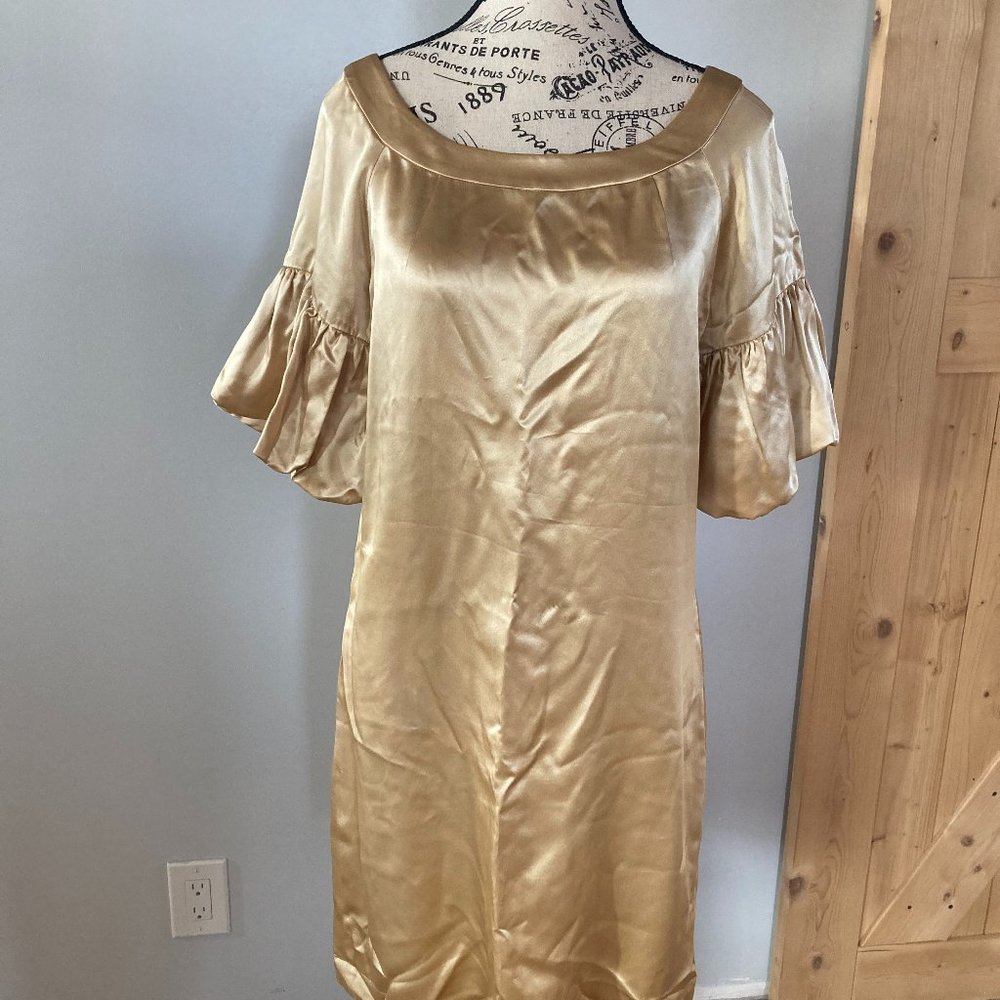 Gold 100% Silk Sheath Mini Dress Balloon Tucked Sleeves Size 8